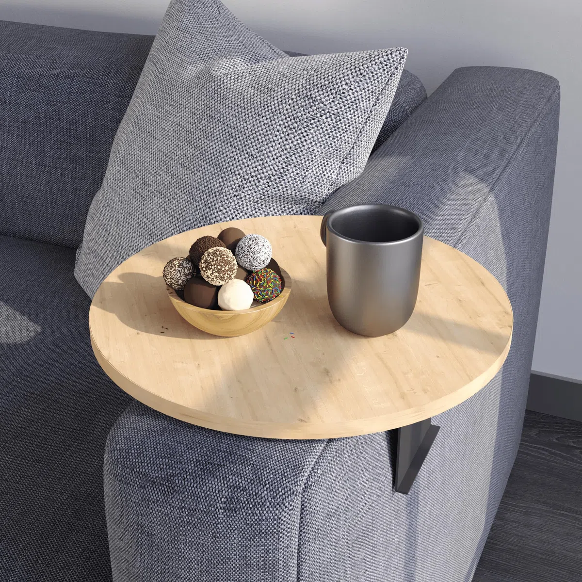 Couch-Tablett Armlehne, Einstellbarer Sofa-Tablett, Getränkehalter, spezielles Design praktischer Metallhalterung, Sitzgarnitur Ablage, Durchmesser ⌀ 35 cm (Eiche)