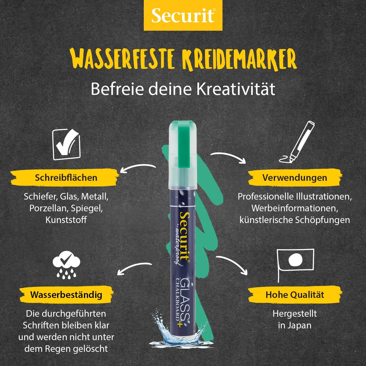 SECURIT - 4er-Set Kreidemarker - Für nicht-poröse Oberflächen (Schwarze Tafel, Glas, Metall, Spiegel...) - Mittelstarke Spitze 2-6 mm - Weiß