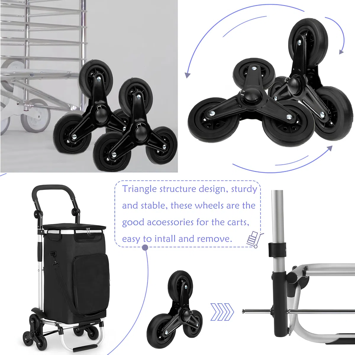 2er-Pack, Einkaufstrolley Ersatzräder, Ersatzrad für Treppenkletterer Sternrad Dreiringrad, Einkaufstrolley Ersatzräder 22 cm, Rutschfeste Räder für Tragbare Treppensteiger, Schwarz, Eisen