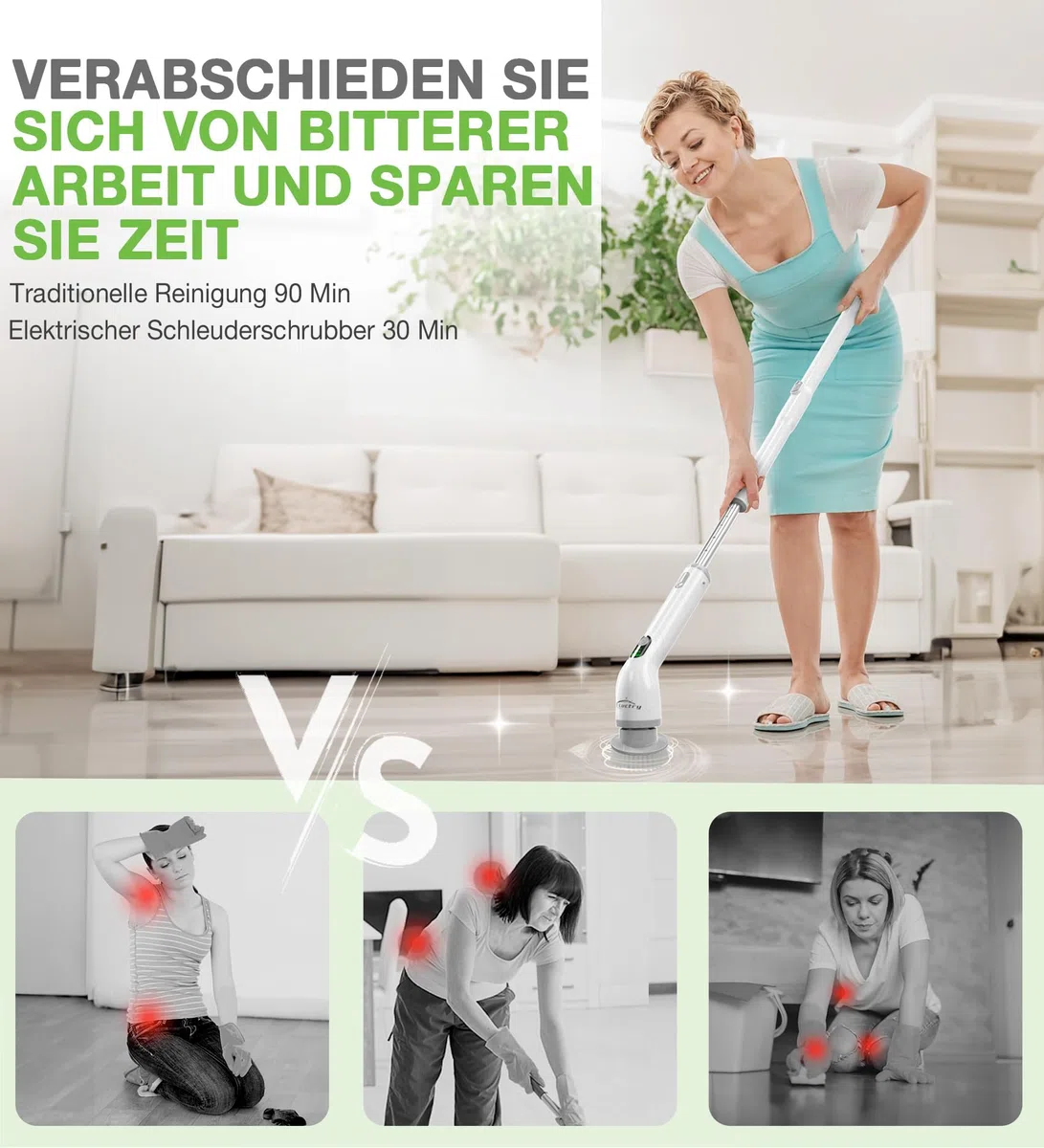 Elektrische Reinigungsbürste mit 4 Aufsätzen, 400 U/min Turbo, Teleskopgriff & 2500mAh Akku – Bad, Küche, Fliesen, Auto, Fugen – Kabellos & wasserdicht