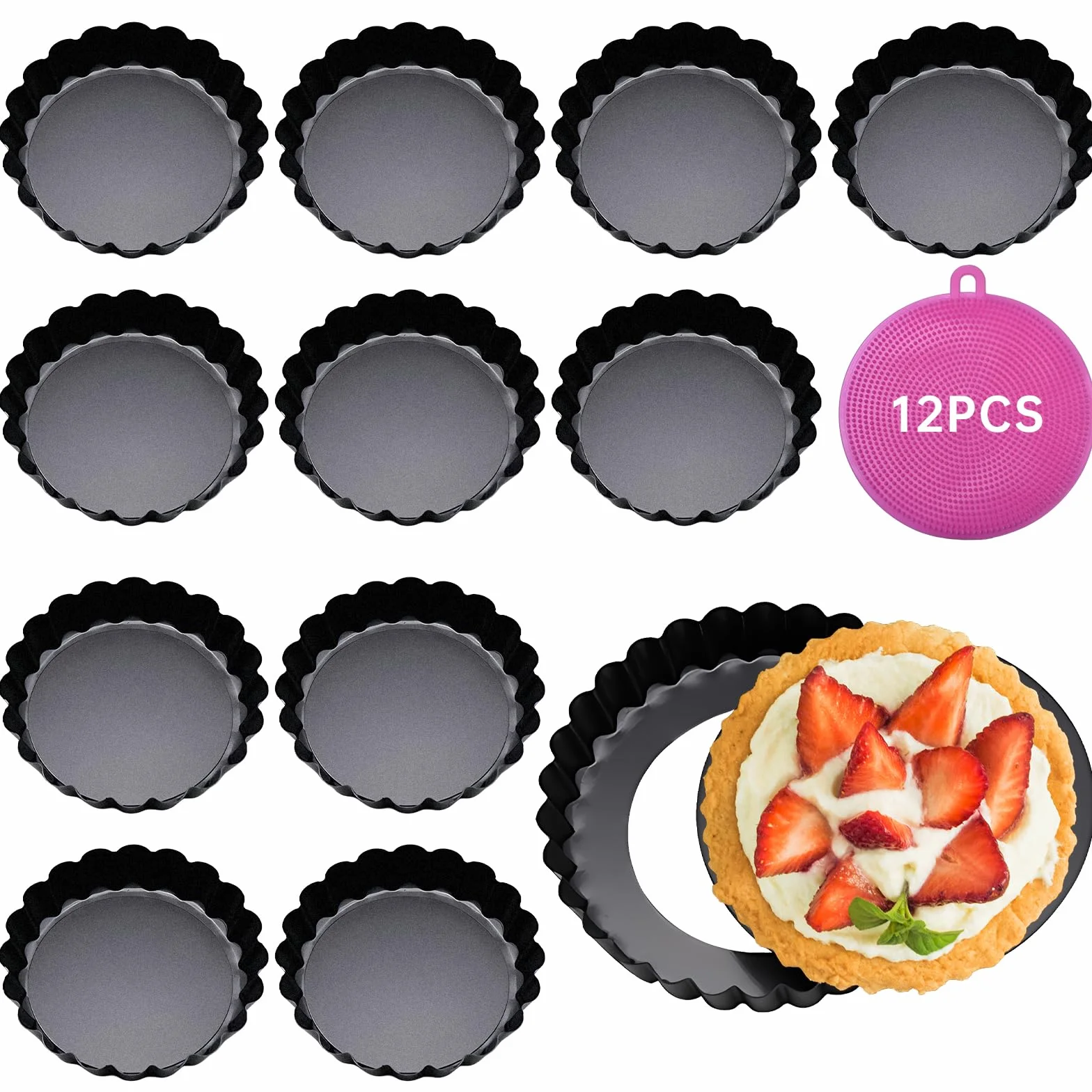 Tarteform mit Hebeboden,12 Stück Törtchenform 8 cm/3 Zoll, Antihaftbeschichtung Quicheform,Tartelette Förmchen aus Kohlenstoffstahl,Wiederverwendbar,Tortenboden Backform Zum Backen Eierkuchen