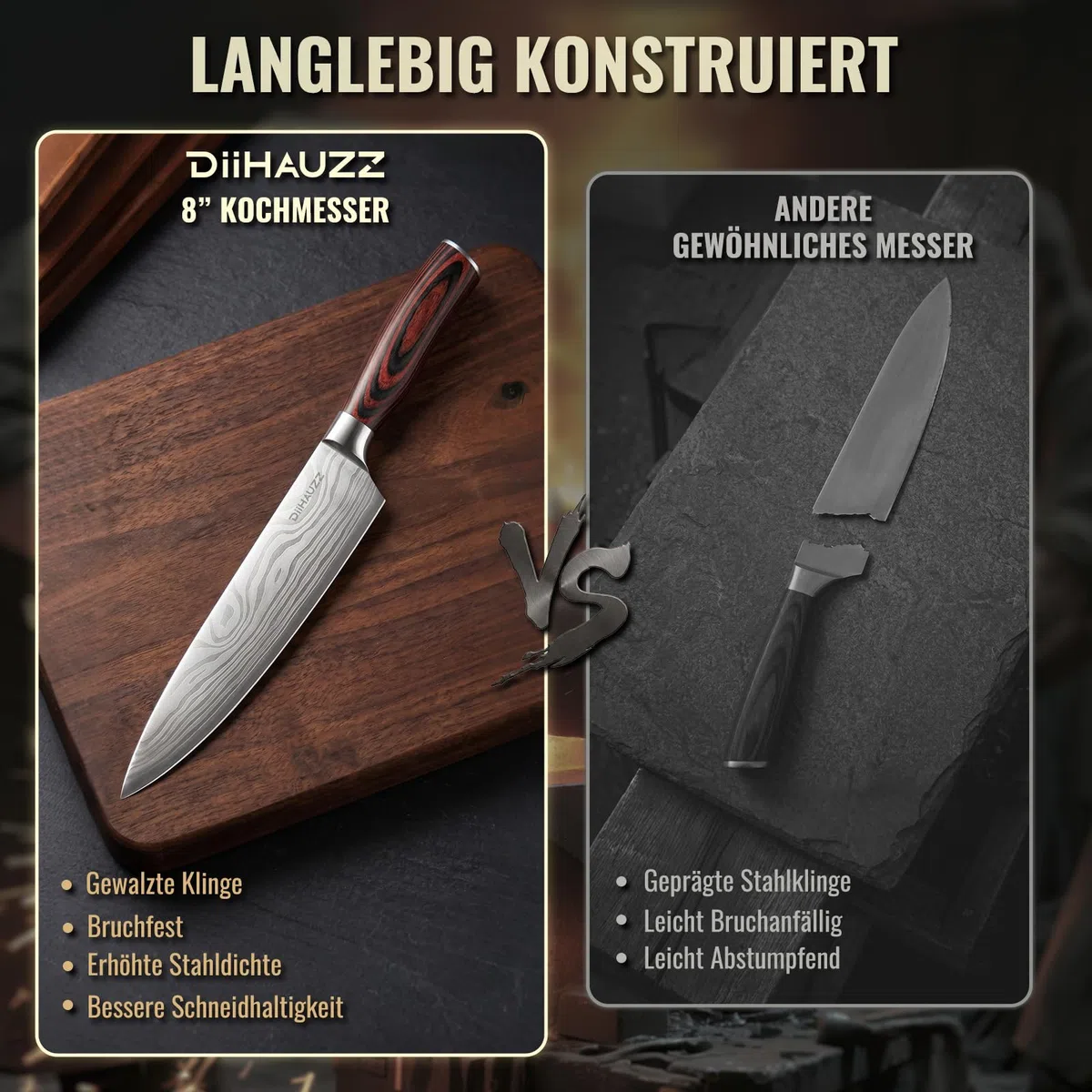 DiiHAUZZ Kochmesser, 20 cm Klingenlänge Fleischmesser, Ultrascharfes Küchenmesser, Messer aus 5Cr15MoV Edelstahl, Allzweckmesser mit Ergonomischem Pakkaholz Griff, für Zuhause, Restaurant