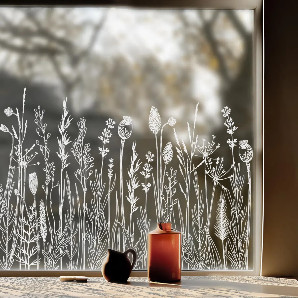 Fensterbilder Reinweiße Wiesen, Fensterbilder frühling Florale Motive, Frühlingsdeko Mehrweg Wildblumen und Pflanzen, Wohnzimmer, Schlafzimmer, Bad, Küche fensterdekoration 39x150cm