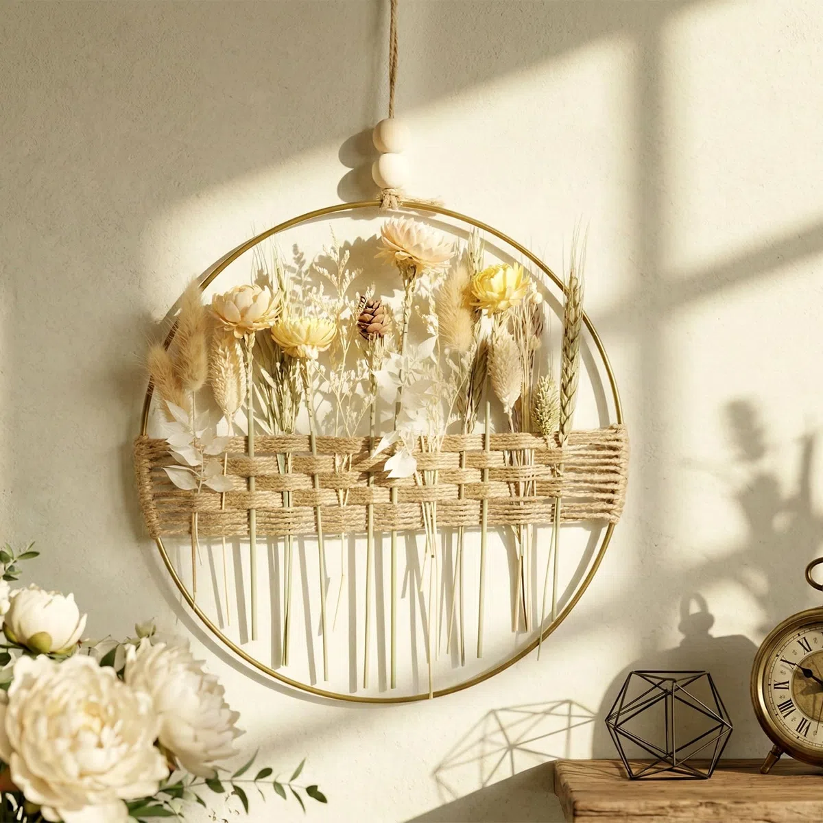 Trockenblumenkranz, 25 * 25cm Türkranz Deko, DIY Natur Trockenblumenkranz Ring, Frühlingskranz Sommerkranz Girlande Homedeko Hochzeitsdeko, Tür Wand Dekoration