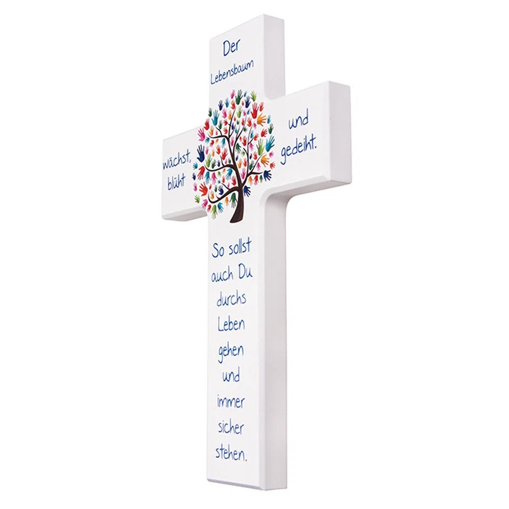 Fritz Cox Holz-Wandkreuz mit Lebensbaum-Motiv und bunten Kinderhänden als Blätter | Mit Spruch Der Lebensbaum wächst, blüht und gedeiht | Inklusive personalisierbarer Geschenkkarte | Weiß | 20cm