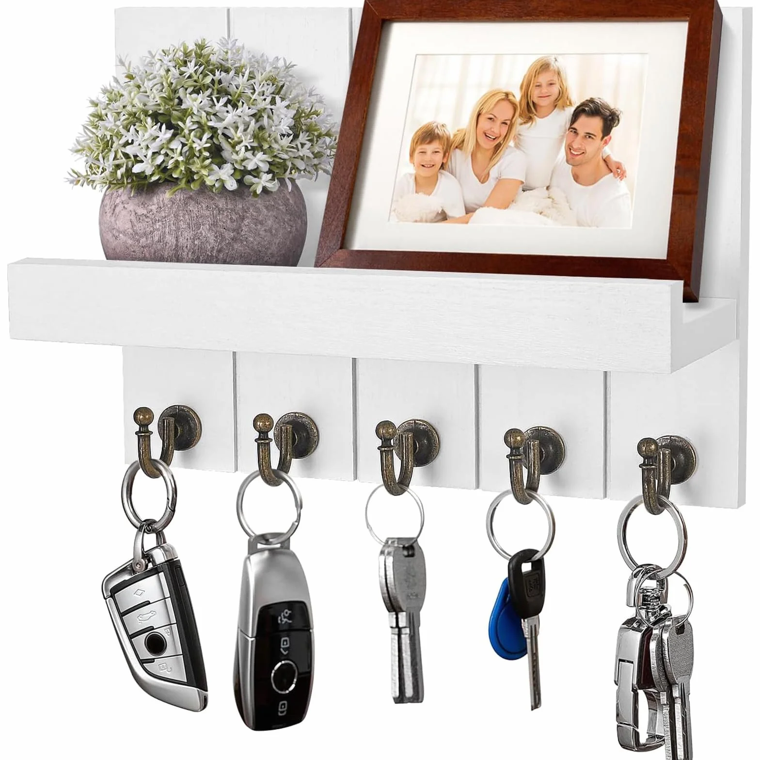 Schlüsselbrett mit Ablage, Schlüsselbrett Holz, Dekoratives Holz Wandregal, mit 5 Schlüsselhaken, für Eingang, Flur, Schlafzimmer, Wohnzimmer, Weiß