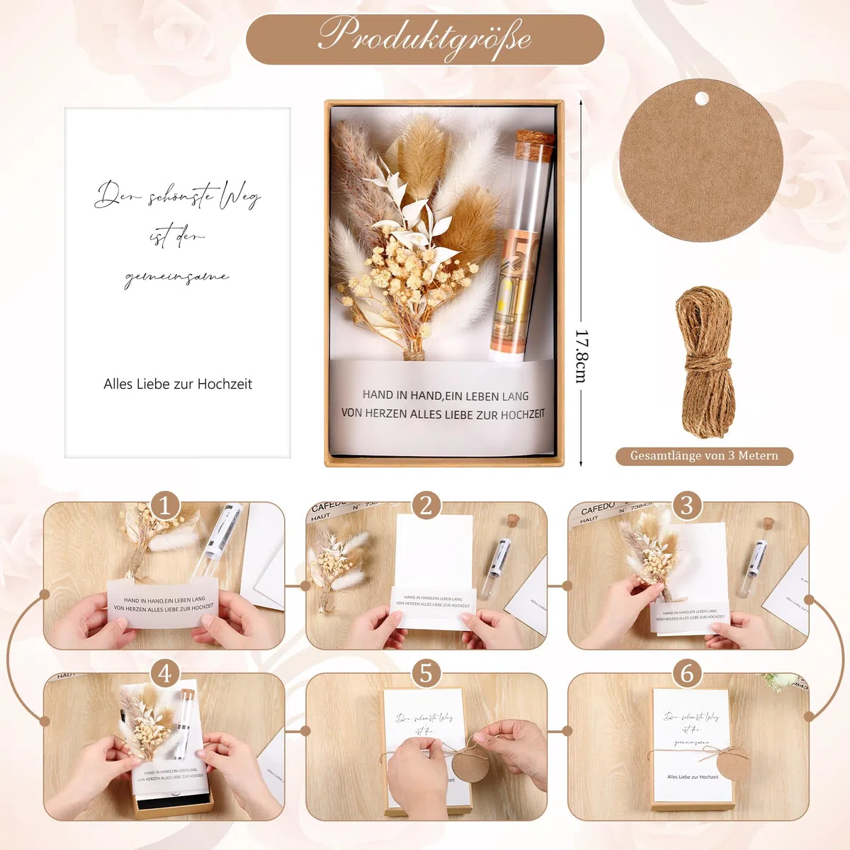 Hestya Hochzeitsgeschenke für Brautpaar Geldgeschenk Hochzeit Geld Geschenk Verpackung mit Hochzeitskarte Geschenkbox Trockenblumen Kunststoff Reagenzglas(Schönste Weg)
