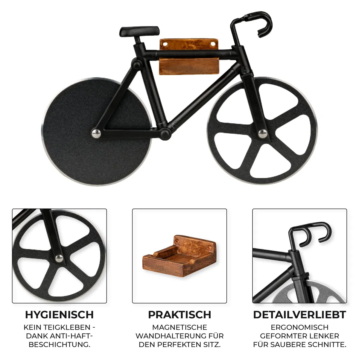 URBAN ZWEIRAD | Fahrrad Pizzaschneider inkl. magnetischer Wandhalterung | Antihaftbeschichtet & rostfrei | Familien Pizzaroller, Fahrrad Geschenkideen