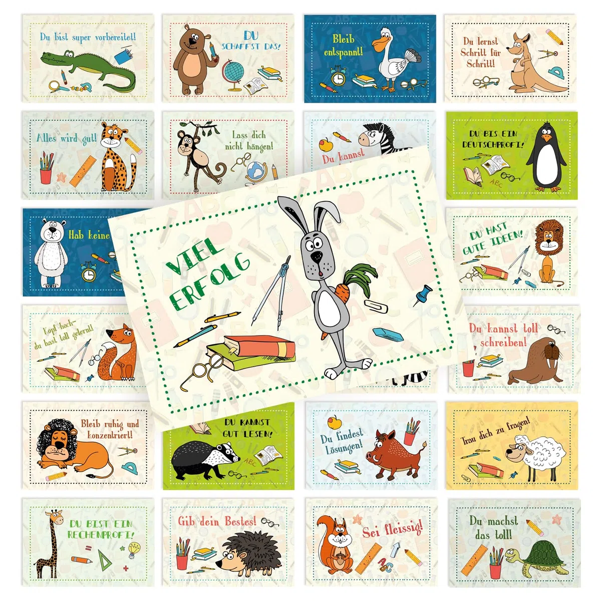 Motivationskarten Tiere 24 Stück – Mini-Karten, Karteikarten mit Sprüchen & Tieren für Kinder, Glücksbringer zum Schulstart, 8,5x5,5 cm, Rückseite beschreibbar – Logbuch-Verlag