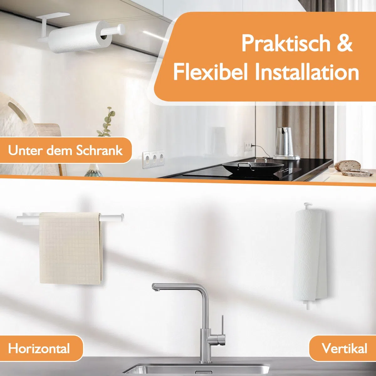 Küchenrollenhalter Ohne Bohren, Mit Abroll-Bremse Küchenpapierhalter Selbstklebend, Papierrollenhalter Edelstahl Küche Rollenhalter Wand oder Unter Schrank (Weiß)