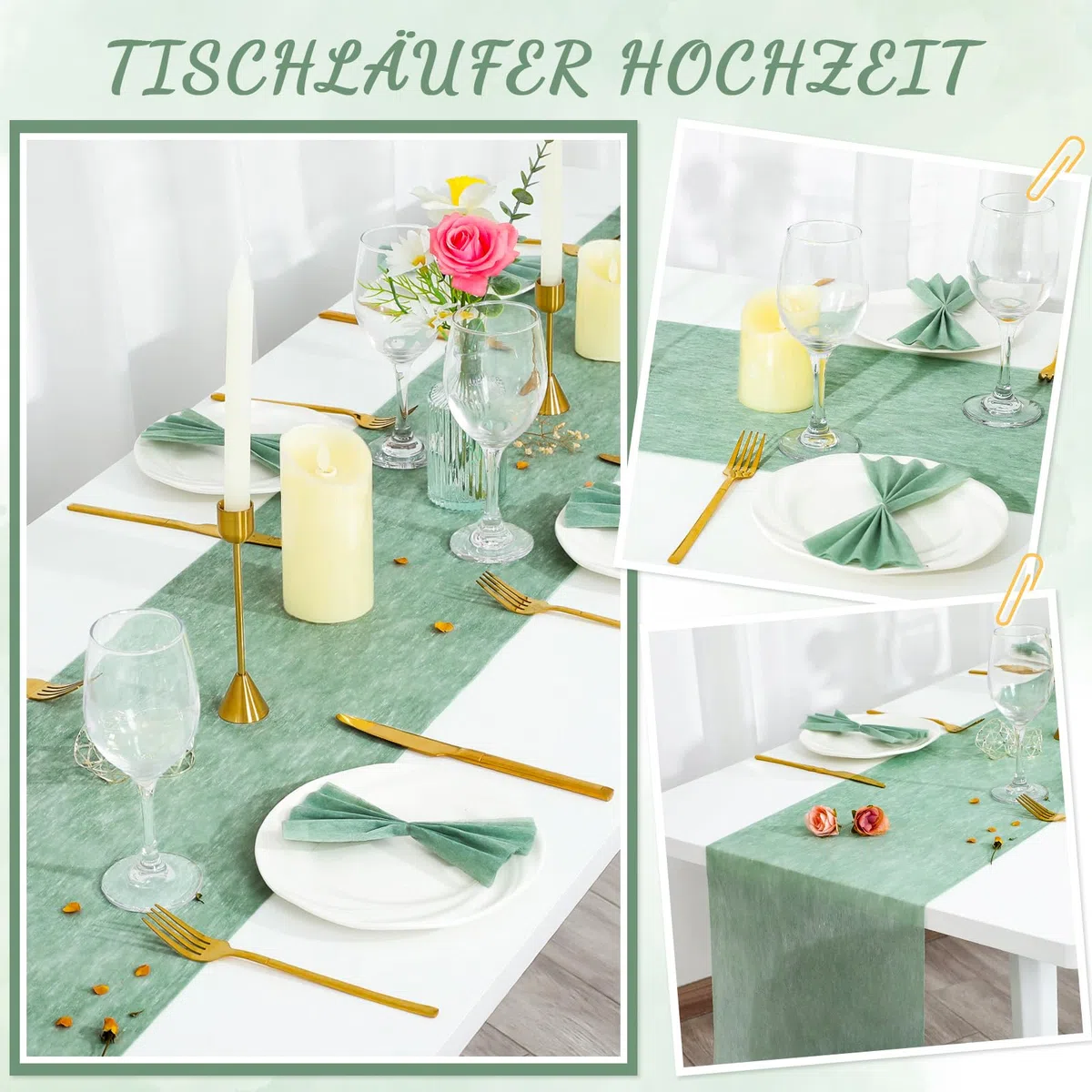 Vlies Tischläufer, 30cm x 30m Tischläufer Salbeigrün Eukalyptus Deko Tischband für Tischdeko Konfirmation Jugendweihe Taufe Tischdeko Hochzeit Junge Kommunion Geburtstag Konfirmation und mehr, 30g/㎡