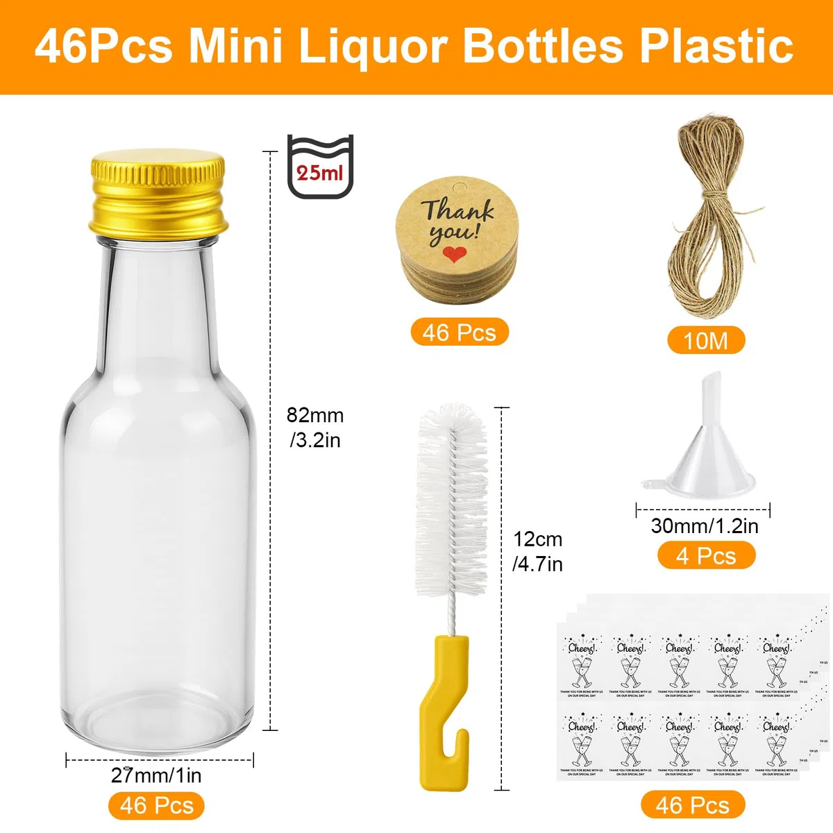 46 Stück 25ml Kleine Flaschen zum Befüllen, Mini Flaschen zum Befüllen Kunststoff, Kleine Likörflaschen mit Deckel Trichter Etikett, Wiederverwendbare Schnapsflaschen für Hochzeiten Party