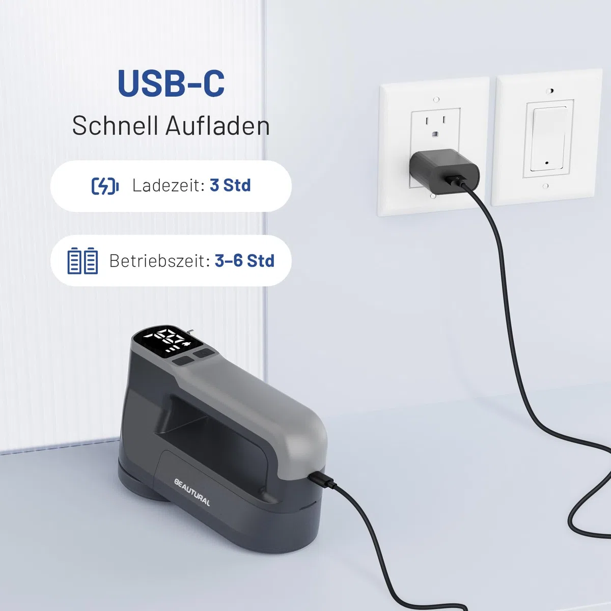 BEAUTURAL Fusselrasierer, Wiederaufladbarer Flusenentferner Elektrisch, 3 Geschwindigkeiten, 6-Klingen Leistungsstarker Wollrasierer mit LED Display, Großer Behälter für Kleidung Möbel Decken Wolle