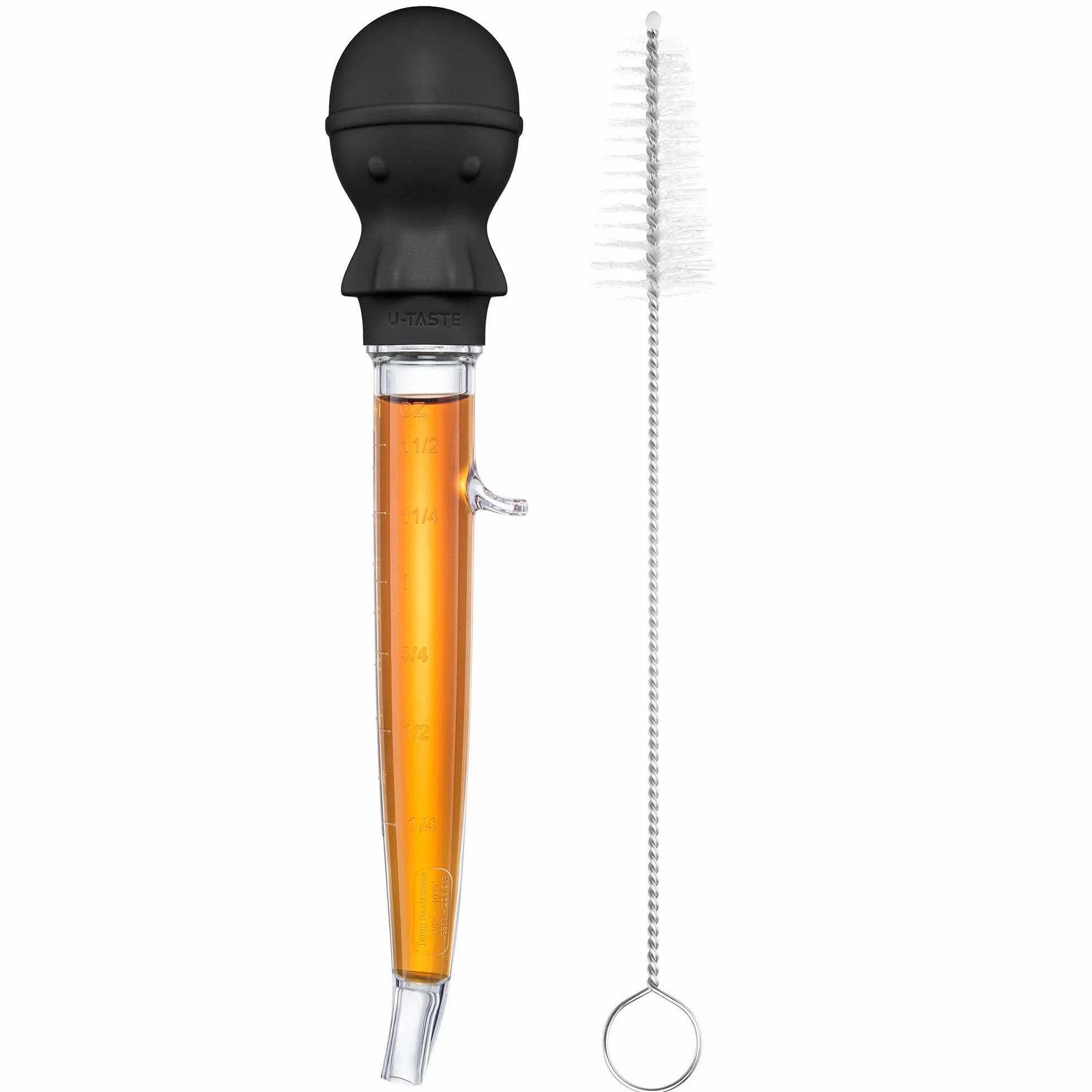 109℃ Hitzebeständige Große Abgewinkelte Bratenspritze: U-Taste Tritan Putenfleisch-Fettpipette mit Silikon Oktopus-Saugkopf und Reinigungsbürste zum Kochen Braten Begießen (1.5 OZ/44 ML, Schwarz)