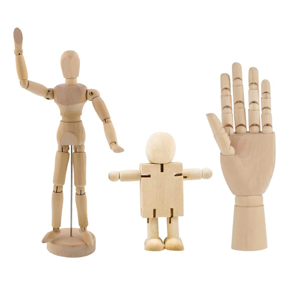 3 Stück Bewegliche Modellpuppe, Holz Figuren, DIY Holzfiguren, Holzpuppe Menschlicher, Linke Holzhand, Zeichnungsmodell Holzhand, für Skizze Dekoration, Handwerk Tischdeko (Einstellbar Form)