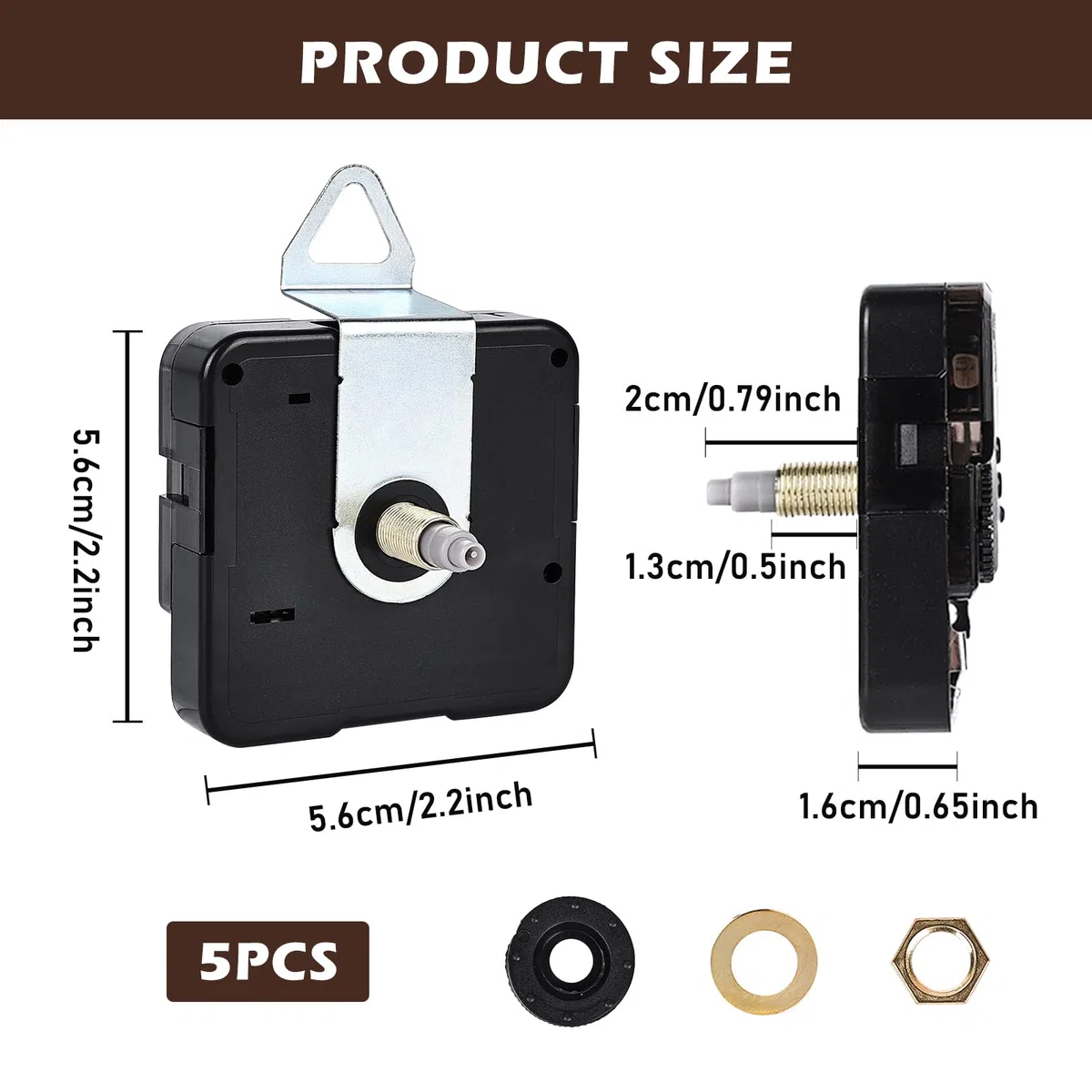 Quarz Uhrwerk & Uhrzeigern, 5 Stück Uhr Bewegung Mechanismus, Silent Uhrwerk Ersatz Kit mit Walnussholz Uhrzeigern, Wanduhr Bewegungs Mechanismus, Uhrwerk für Wanduhr(Langschaft 20 mm)