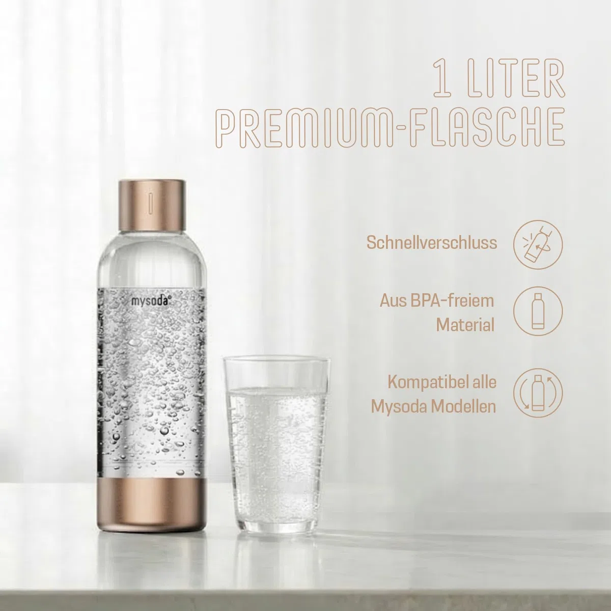 Mysoda: Hochwertiges und BPA-freies Premium 1 Liter Wasserflasche für Wassersprudler, Deckel und Boden aus rostfreiem Edelstahl - Kupfer
