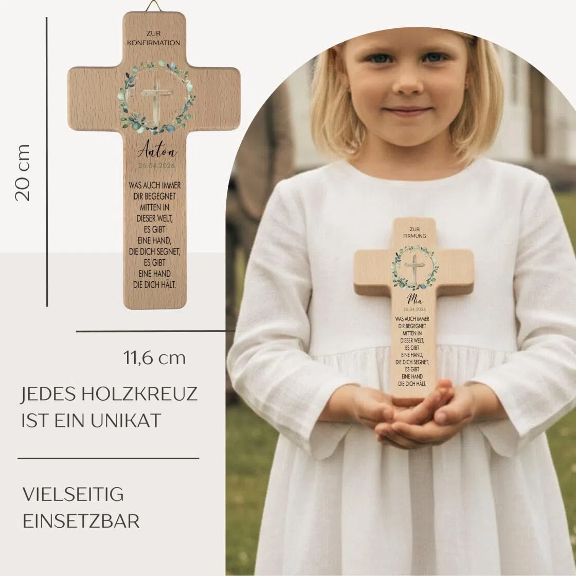 minimutz Personalisiertes Holzkreuz zur Firmung, Firmgeschenk Wandkreuz mit Namen, Datum & Segensspruch, Geschenk Patenkind Enkel (Firmung Kreuz)