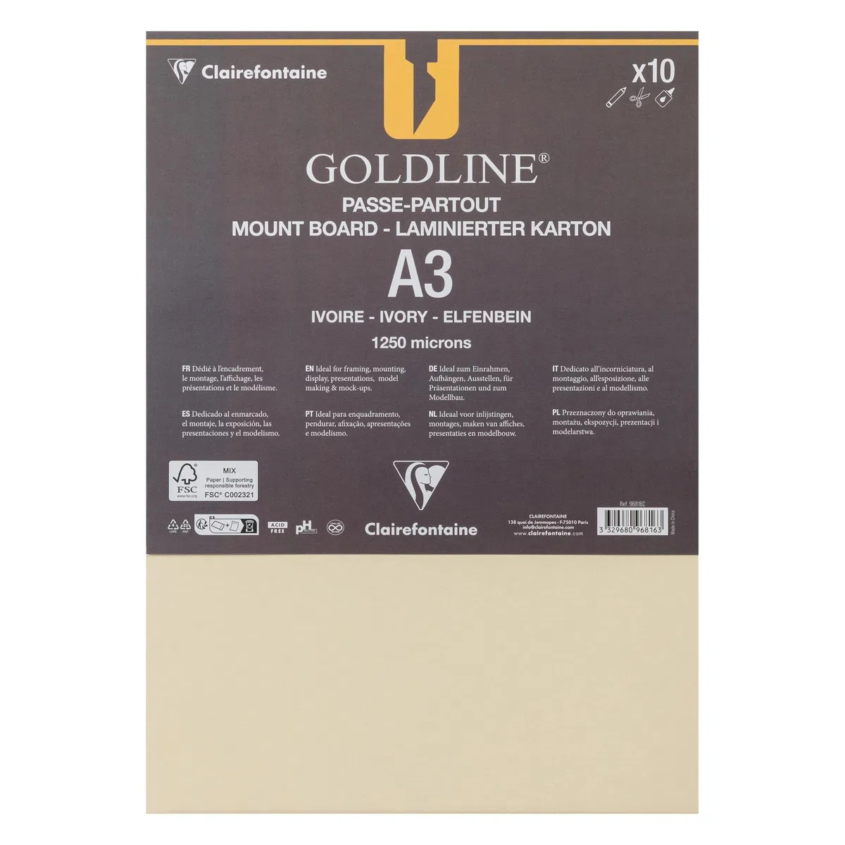 Clairefontaine 96816C - Packung 10 Bogen Goldline Passepartout - Passpartout Karton DIN A3 (29,7x42cm), 1,25mm, Elfenbein, für Einrahmungen, 1 Pack