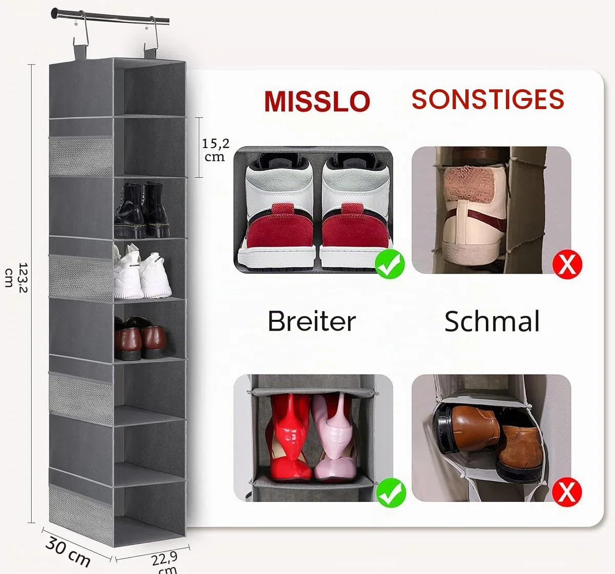 MISSLO 8-Regal Hängende Schuh Organizer Kleidung Schrank Organizer und Aufbewahrungsregale Huthalter mit großem Regal und seitlichen Mesh Taschen für Hüte Handtaschen Kid Pullover, grau