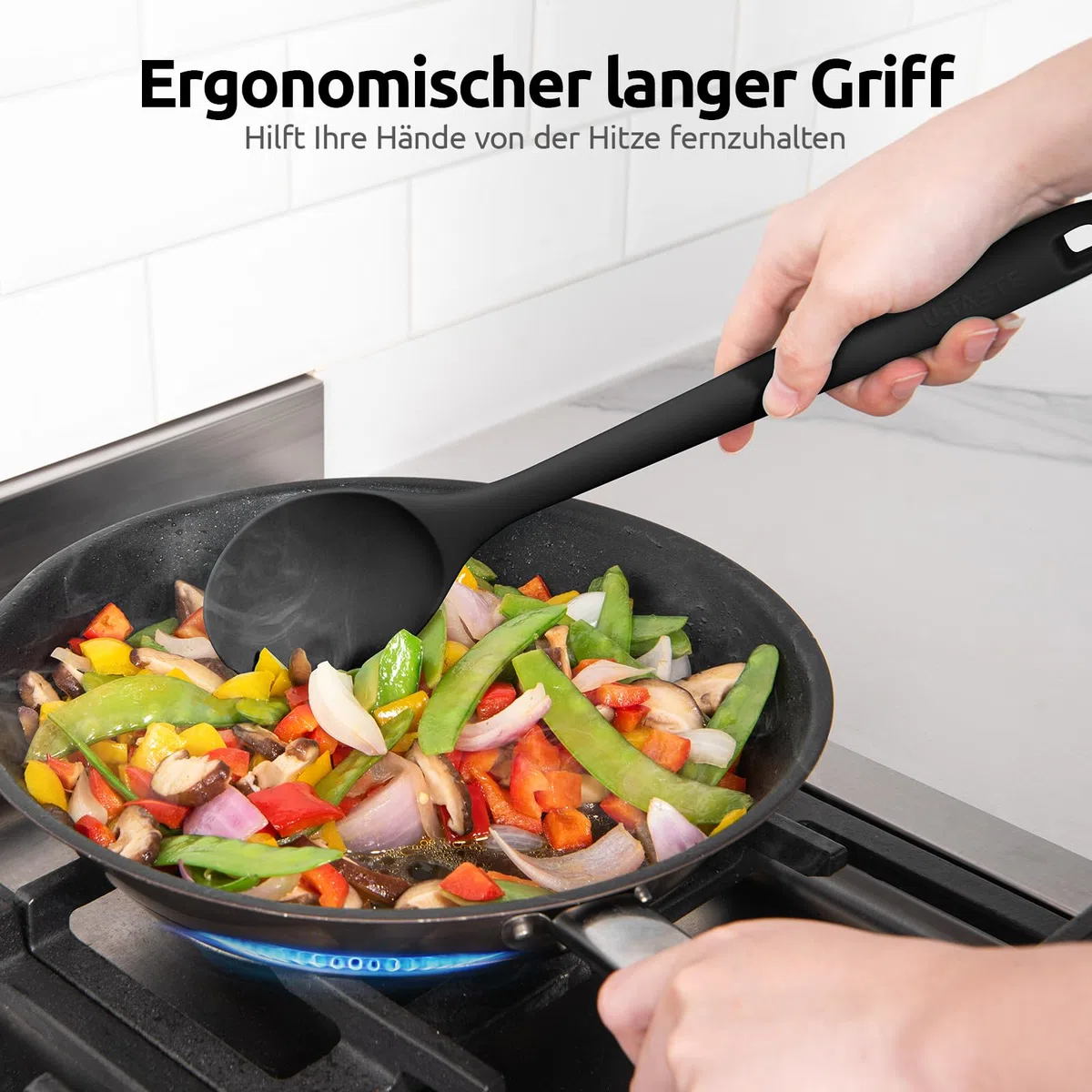 U-Taste 33.9 cm extra langer Silikon Löffel, 315℃ Hitzebeständiger BPA-freier massive Kochlöffel, antihaftbeschichteter nahtloser Küchen Servierlöffel zum Mischen Rühren Begießen Schöpfen (Schwarz)