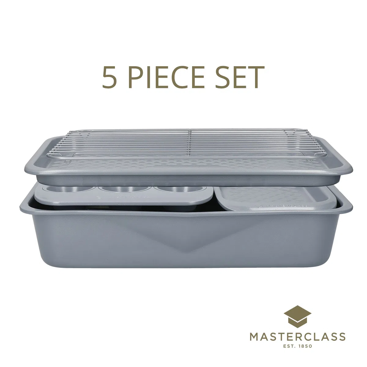 MasterClass Smart Ceramic 5er Set stapelbares Backgeschirr, Karbonstahl mit robuster Keramikbeschichtung, Grau