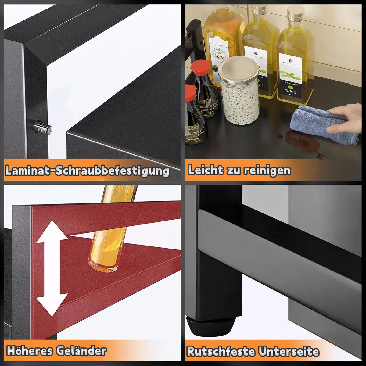 Erweiterbares Mikrowellen Regal 2 Stufig mit 6 Haken,Mikrowellenregal Küchenregal Teleskopregal Ausziehbar von 42-64cm,Arbeitsplatte Bäckerregale Gewürzregal Organizer für Küchen (Schwarz-2)