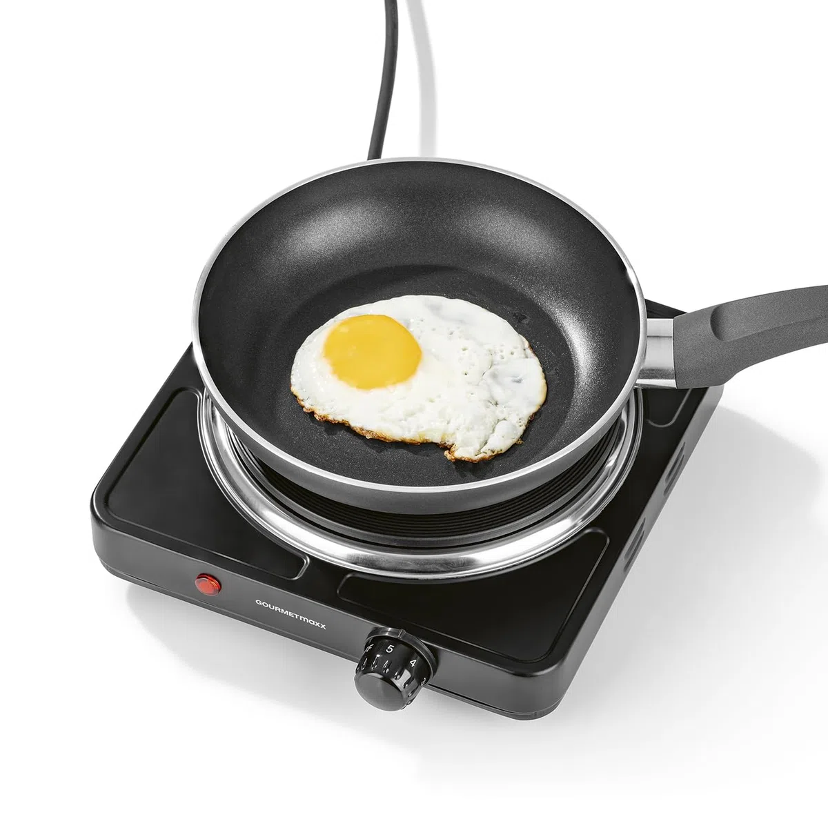 GOURMETmaxx Elektrische Kompakt-Herdplatte | 1500W, Stufenlose Temperaturregulierung | Integrierter Thermostat | Kontrollleuchte, Ideal für Camping, Büro & kleine Küchen | Für Töpfe bis 18,5 cm