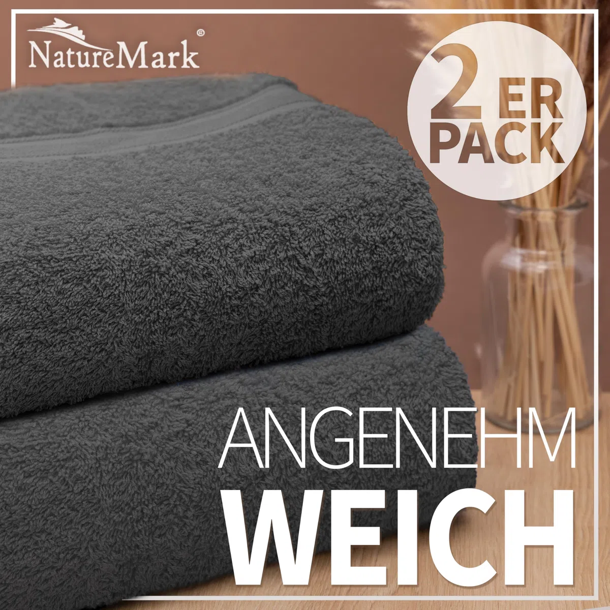 NatureMark 2er Pack DUSCHTÜCHER Premium Qualität 70x140cm DUSCHTUCH Dusch-Handtuch Doppelpack Farbe: Anthrazit grau
