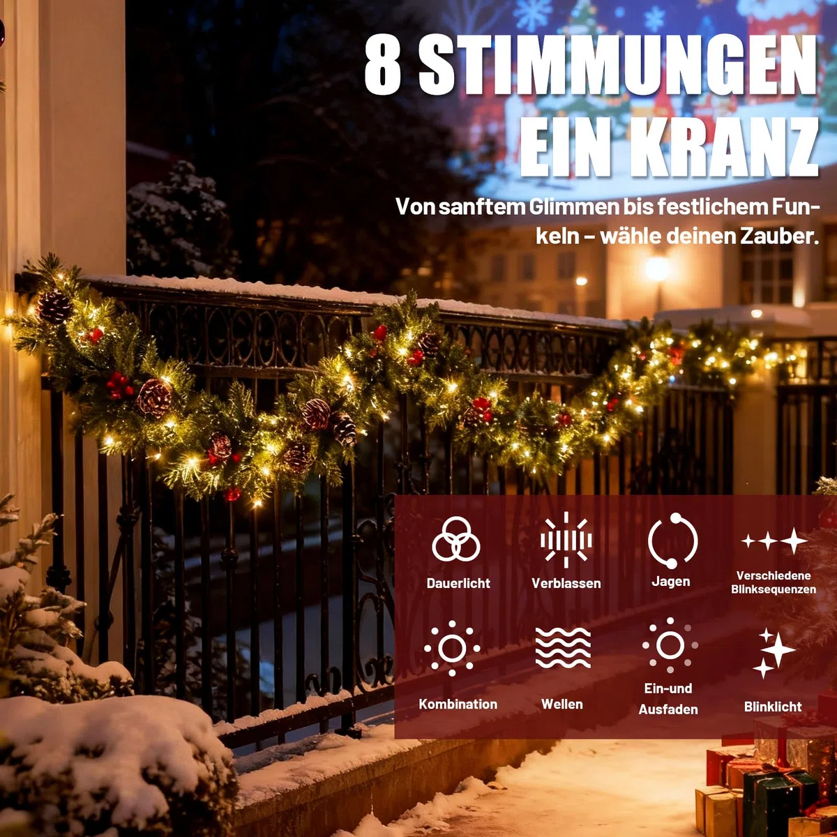 Weihnachtsgirlande mit Beleuchtung 5m 100 LEDs, Tannengirlande, Girlande Weihnachten mit Tannenzapfen Rote Beere, 8 Lichtmodi, Weihnachtsdeko Girlande für Treppen Kamin Haustür (PE-Zweige)