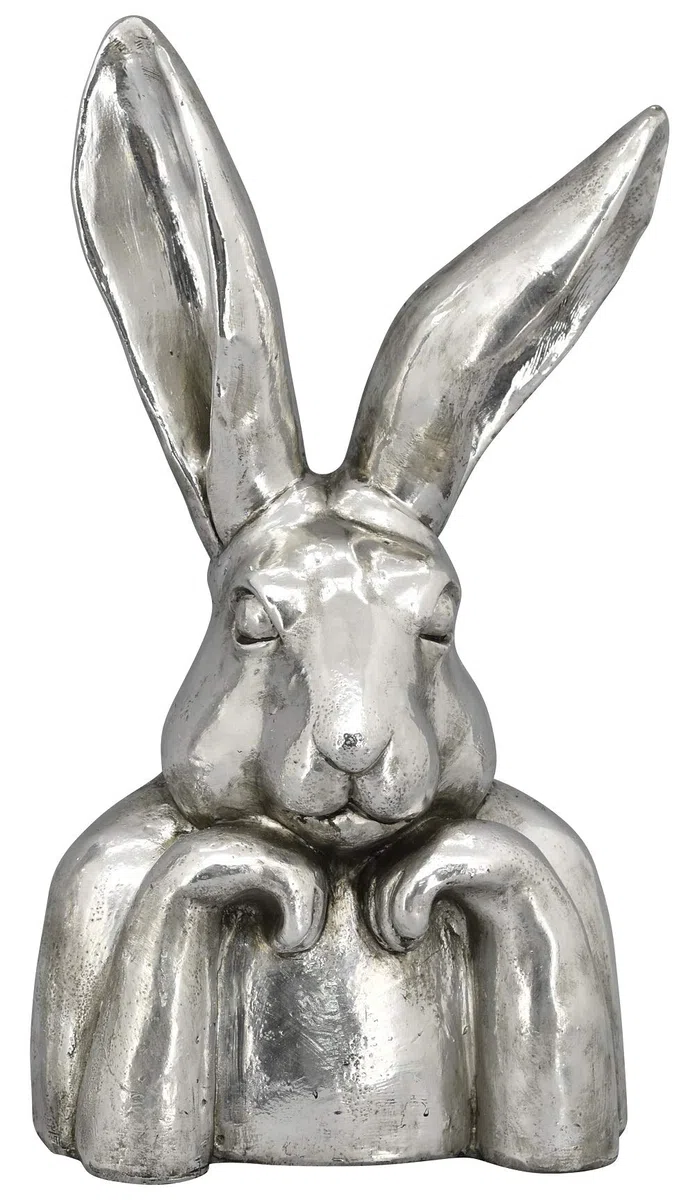 Exner putziger origineller Osterhase als Büste Hasenkopf als Osterdeko Keramik Silber antik glänzend (groß ca. 27,5 x 19,5 x 49 cm hoch)