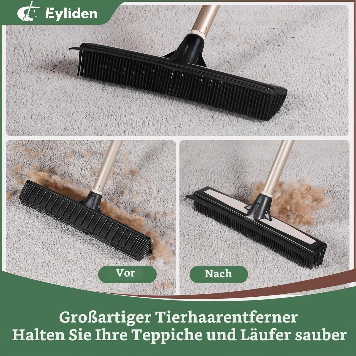 Eyliden Gummibesen mit Stiel, 2-in-1 Bodenbürste mit Bodenabzieher & Teleskopstiel (137cm) - Ideal für Teppiche Tierhaare und Hartböden, Besen für alle Böden - drinnen & draußen