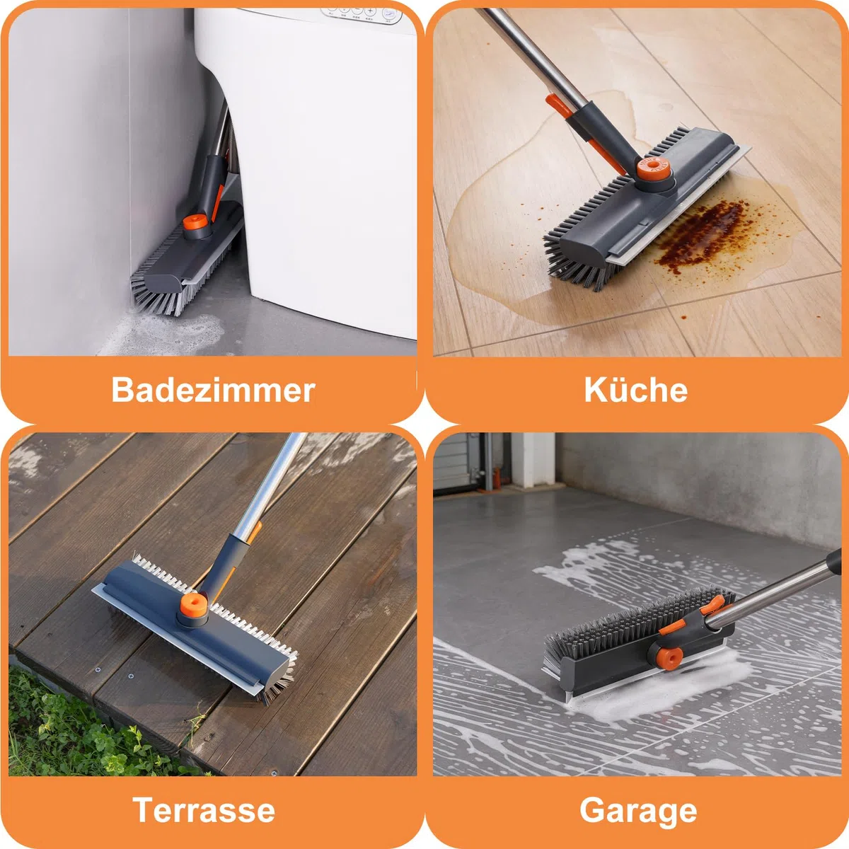 Mitclear Boden-Scheuerbürste mit Stiel(122cm), Schrubber Terrasse mit harten Borsten & Gummilippe, Terrassenreiniger, Scheuerbürste für die Reinigung von Fliesen, Dusche, Balkon, Bad, Garage, Küche