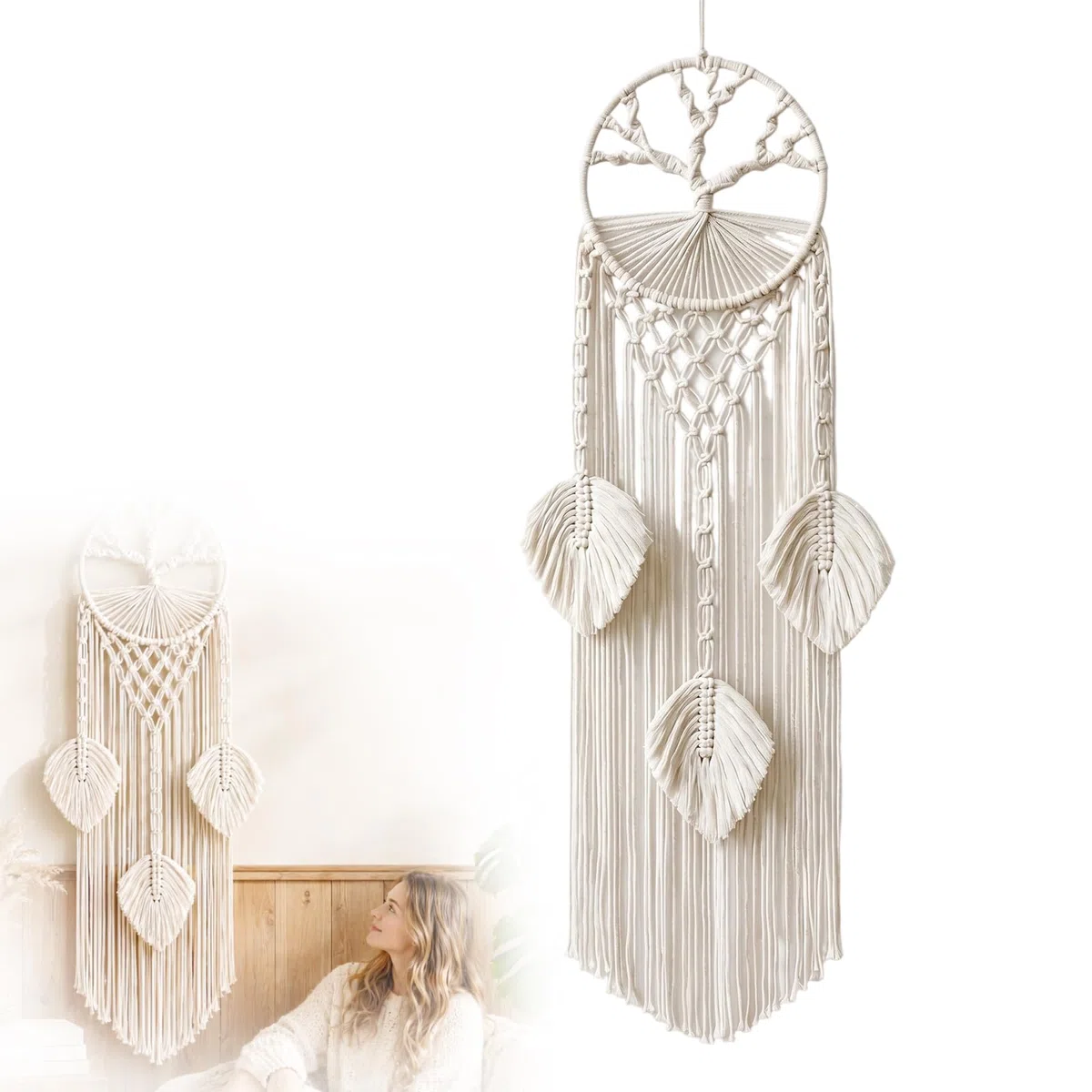 Yuragim Makramee Traumfänger Wandbehang, Baum des Lebens Traumfänger Makramee, Handgemachter Boho Wandtraumfänger Quasten Dekoration Wohnkultur Ornament Bastelgeschenk für Schlafzimmer Wohnzimmer