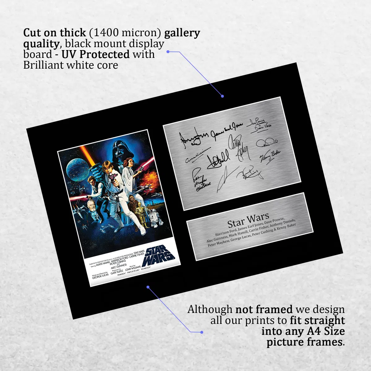 HWC Trading A4 Star Wars New Hope Cast Mark Hamill, Carrie Fisher, Harrison Ford Geschenke Geducktes Signiertes Autogramm Foto für Fans von Film Memorabilien - A4