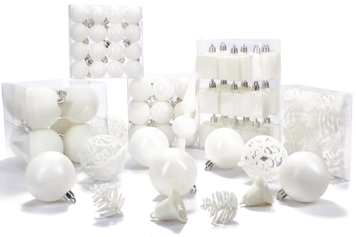 BRUBAKER 101-teiliges Set Weihnachtskugeln mit Baumspitze Creme Weiß Christbaumschmuck