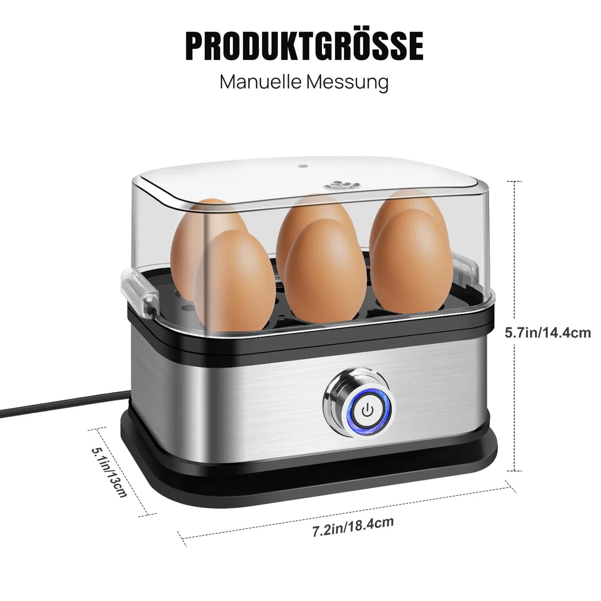 Eierkocher Edelstahl, 6 Eier Kapazität, für weich, mittel und hart gekocht, mit automatischer Abschaltung, herausnehmbarem Tablett, mit Wasserbecher, platzsparender Eierkocher für zu Hause, Küche