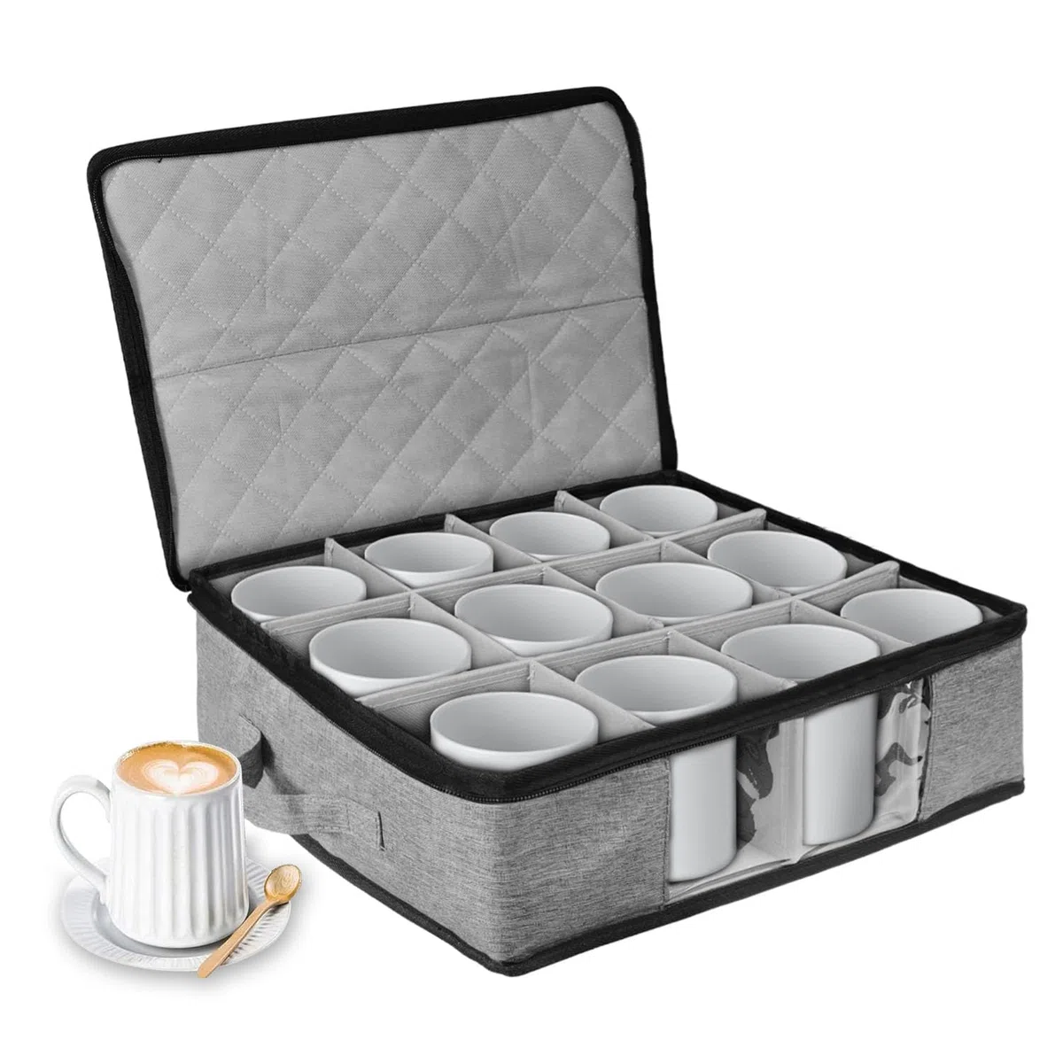 Tassenhalter Kaffeetassenhalter mit Trennwand, Aufbewahrungsbox mit Deckel Handhaben, Tassen Organizer für 12 Kaffeetasse, Becher, Glas, Stapelbar Transparentes Fenster-Grau