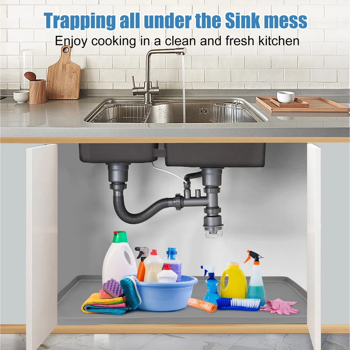 Unterspülematte für Küche, wasserdicht, 48,3 x 48,3 cm, Silikon-Unterspüle, Küchen- und Badezimmerschrank-Schutzmatte, strapazierfähig, flexibel, Abtropfschale mit Lippe, kühles Grau