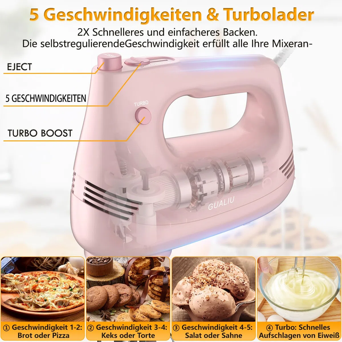 Elektrischer Handmixer mit Edelstahl Schneebesen, Knethaken, Elektrische Handrührer,Turbo Boost /5 Geschwindigkeit, Handrührgerät für Backen Kuchen, Eier Sahne Lebensmittel-Mixer (PINK)