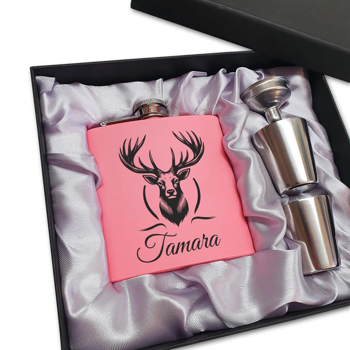 Jägerin Geschenk Rosa Flachmann Hirsch mit Gravur Flachmann Frauen Geschenkidee Bergsteigerin Pink