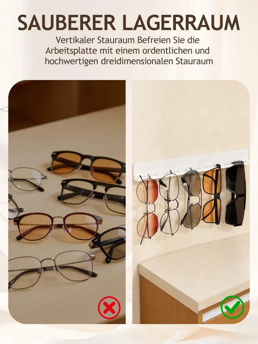 2 Stück Brillenhalter Wand, Brillenablage Wand, Brillenständer | 5 Loch Sonnenbrillen Organizer, Silikon Passform, für Brillenaufbewahrung, 30×1,8×3,5cm, Weiß