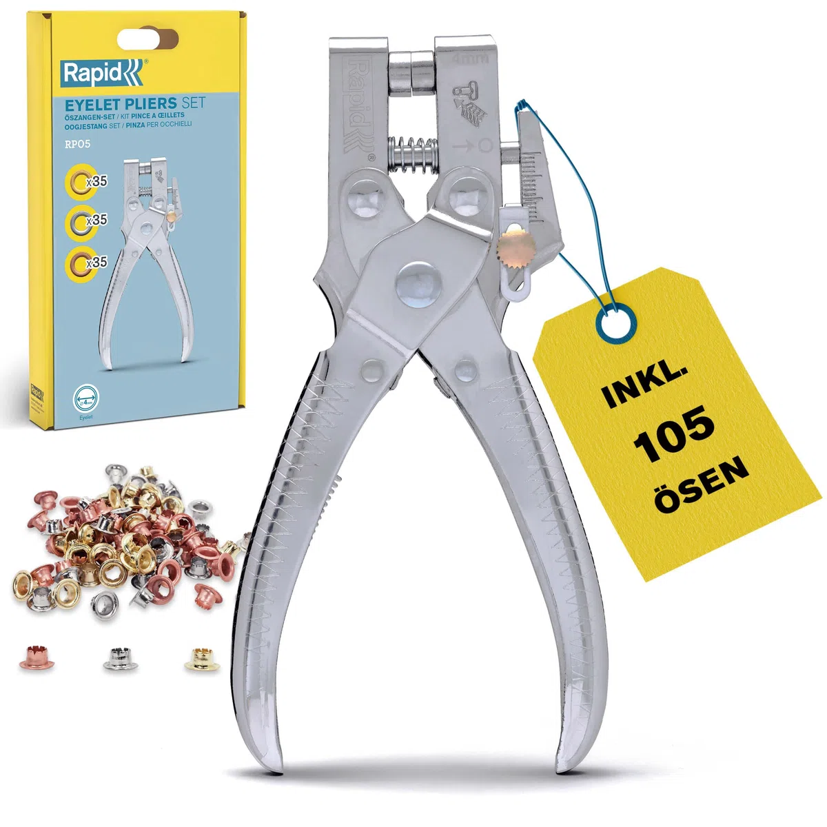 Rapid RP05 Ösenzange Set mit Lochfunktion – Inklusive 105 Ösen (4 mm), Verchromt, Für Leder, Textilien, Schuhe, Segeltuch – 2-in-1 Ösenzange und Lochzange