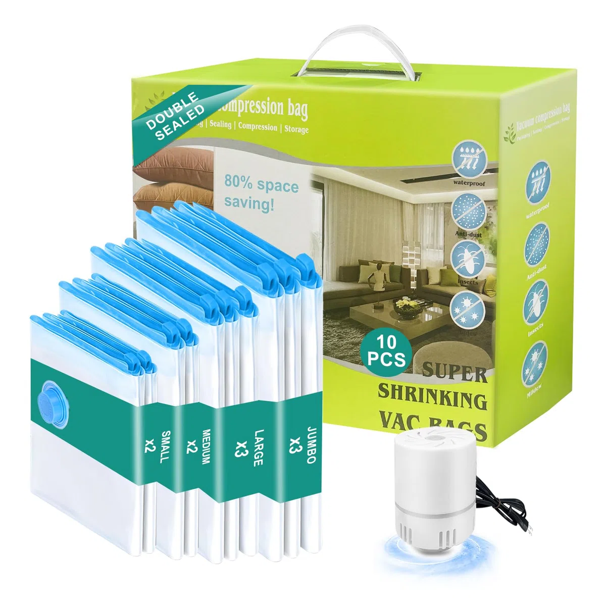 Vakuumbeutel für Kleidung mit Elektrischer Luftpumpe, PARPAT 10 Stück (3 Jumbo 100x80cm &3 Groß 80x60cm &2 x Mittel 70x50cm &2 Kleine 60x40cm), Durchsichtig für Reisen, Kissen Bettdecken Aufbewahrung
