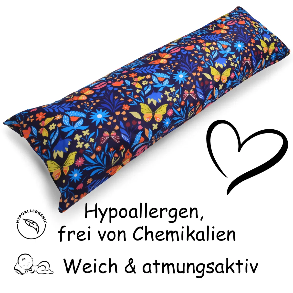 PinkZebra Seitenschläferkissen Bezug 40 x120 cm aus 100% Baumwolle, Kissenbezug für Kinder & Erwachsene, Kissenhülle mit Reißverschluss, Öko-tex Standard 100, Schmetterlinge Bunt