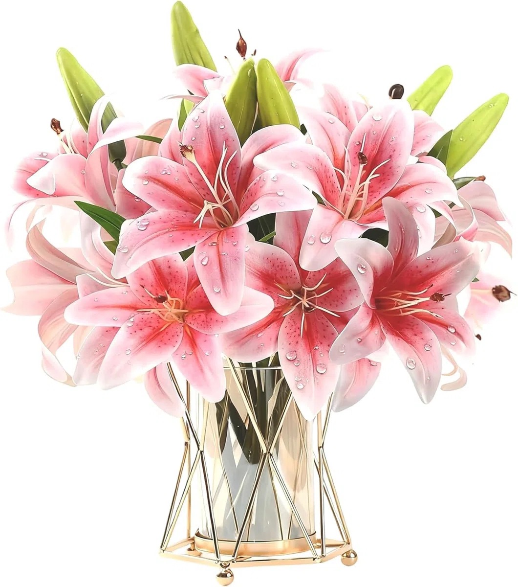 HNVNER 6 Bündel Kunstblumen Lilien, 3D-künstliche Lilienblume Rosa, Gesamt 12 Blütenköpfe 6 Knospen - DIY Set Blumenstrauß für Hochzeit, Home & Büro Deko, Tischdekoration