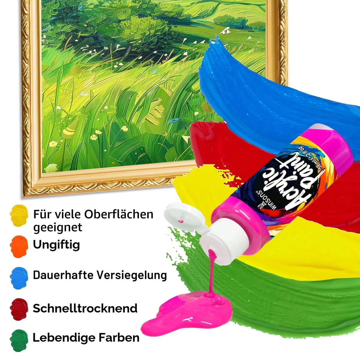 WINSONS 24 Farben Acrylfarben-Set, 12 Pinseln, 1 Palette, Ungiftig, Wasserdicht, Lebendig, Permanent, für Künstler, Studenten, DIY auf Leinwand, Stoff, Holz, Felsen, Ton, Keramik, Glas