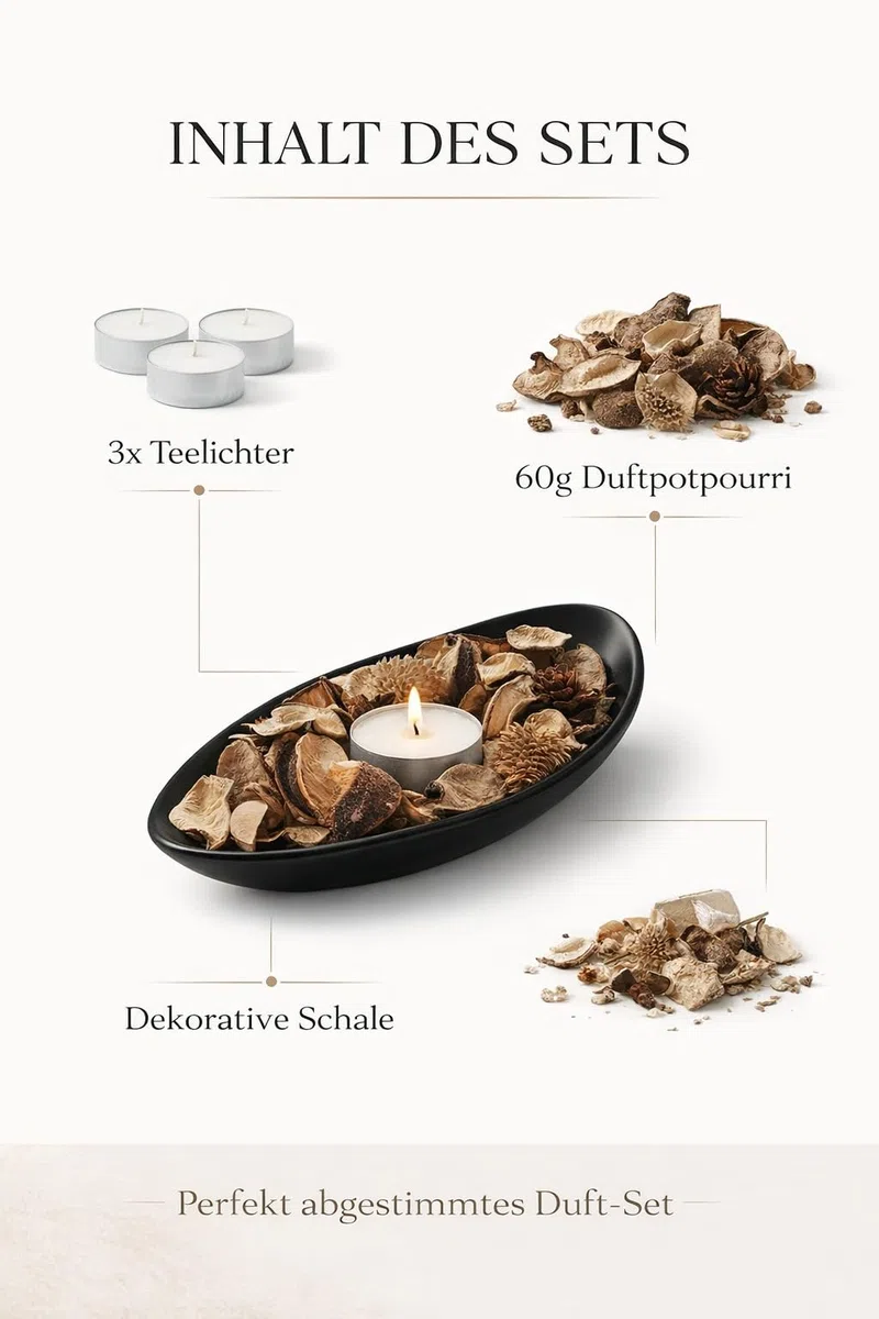 RaumWerk Duft Potpourri Set Vanille mit Schale & 3 Teelichtern – 60g Natürliches Potpourri Duftset – Ovale Dekoschale Schwarz – Raumduft für Wohnzimmer, Badezimmer & Schlafzimmer – Geschenkidee