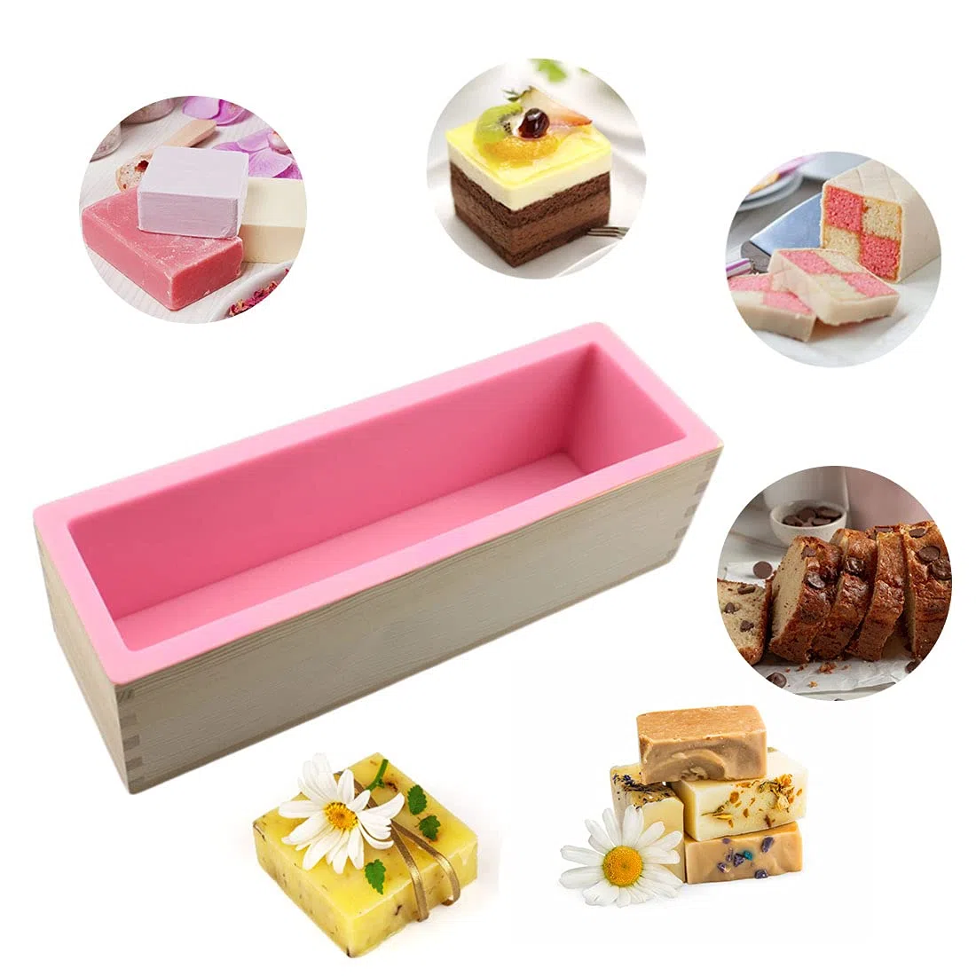 DIY Seifen Silikonform Set, Seifenform mit Holzbox, 1200 ML Seifenform Holz Seifenherstellung Form Handgemachte Seifen Silikonform Backform Rechteckig Silikon Seifenform mit Holzbox