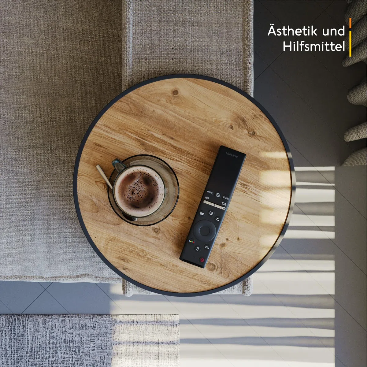 Sofatablett Armlehne, Couch-Tablett, Einstellbarer Sofa-Tablett, Getränkehalter, spezielles Design stoßfeste Umrandung, Sitzgarnitur Ablage, Durchmesser ⌀ 34 cm, Holz-Optik, Comfy